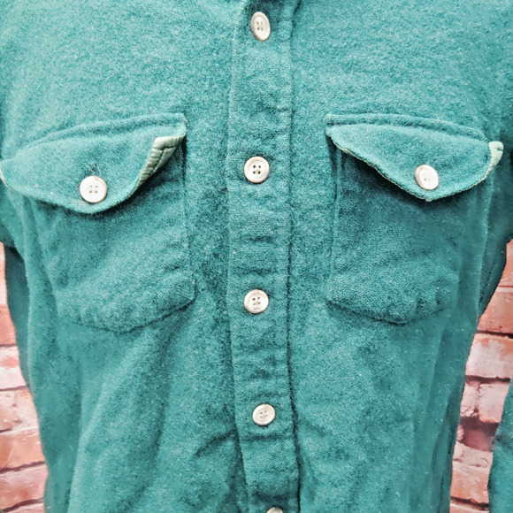 Woolrich Button Up Shirt Men's Green Wool Long Sleeve Elbow PSmalatches Collared - Picture 10 of 15